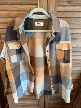 Jetty Plaid Button-Up Flannel Shacket in Brown & Blue Tones